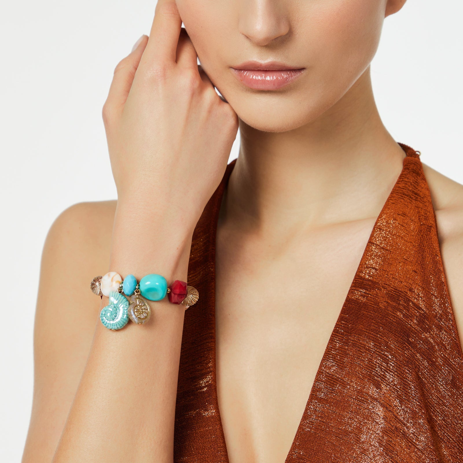 Elastic bracelet with stones, beads and pendants Ondina - Multicolor - Sodini Bijoux