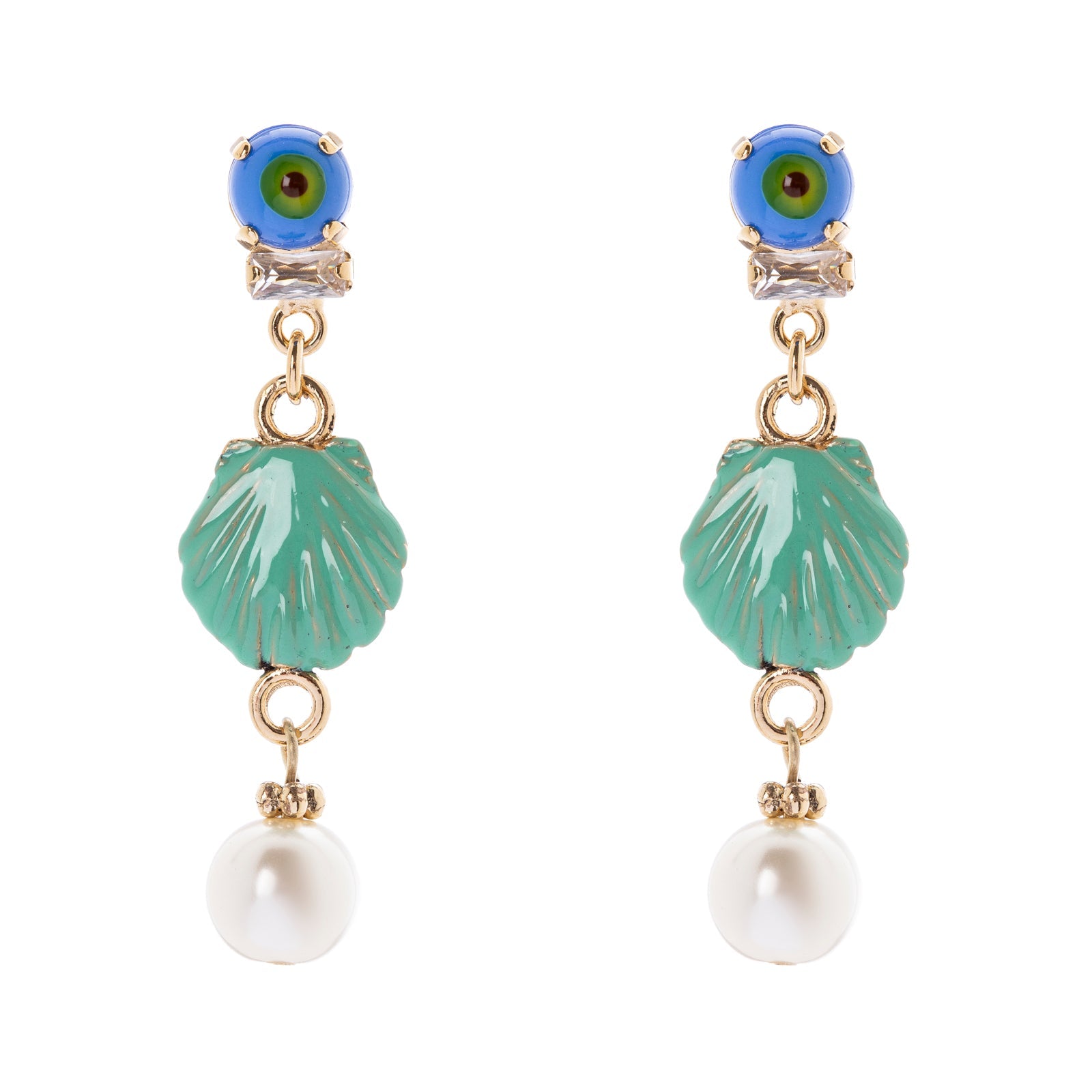 Earrings with mini cabochon, shell and pearl Partenope - Turquoise - Sodini Bijoux