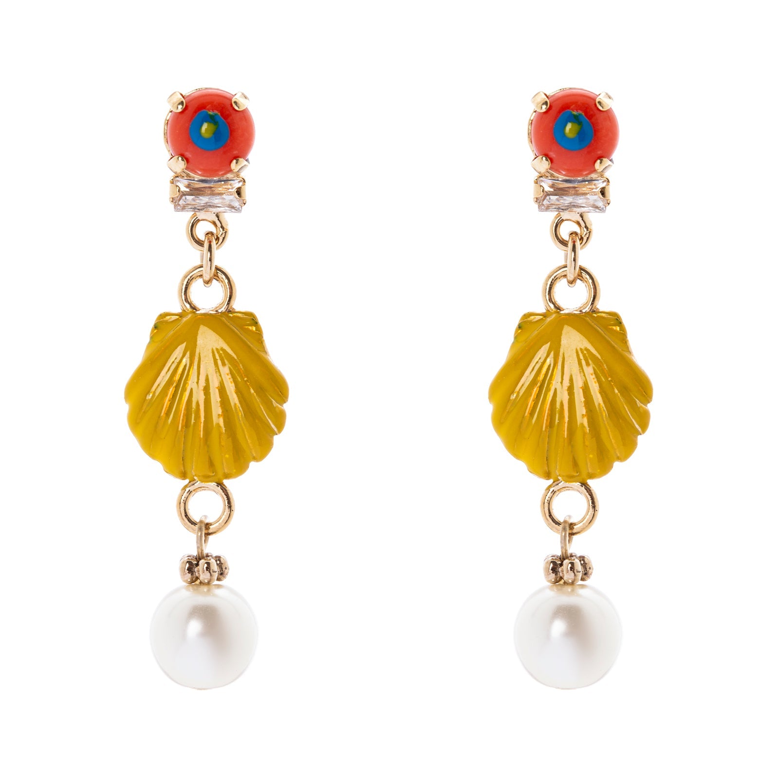 Earrings with mini cabochon, shell and pearl Partenope - Yellow - Sodini Bijoux