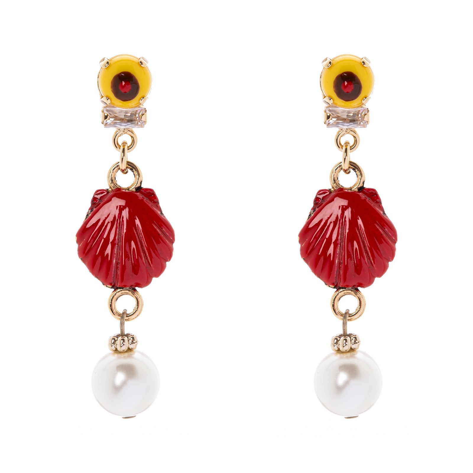 Earrings with mini cabochon, shell and pearl Partenope - Red - Sodini Bijoux