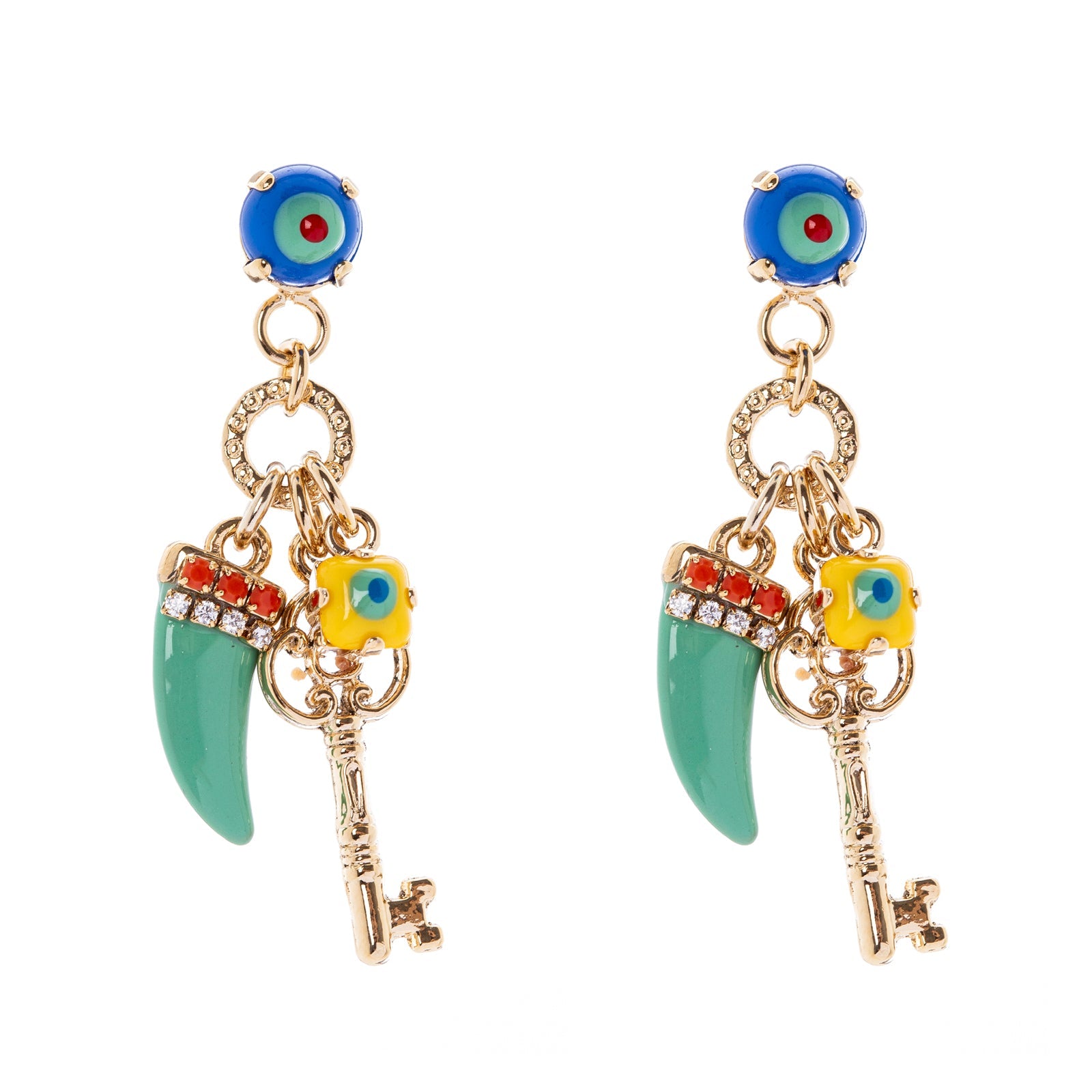Earrings with cabochon, key and lucky horn Partenope - Turquoise - Sodini Bijoux