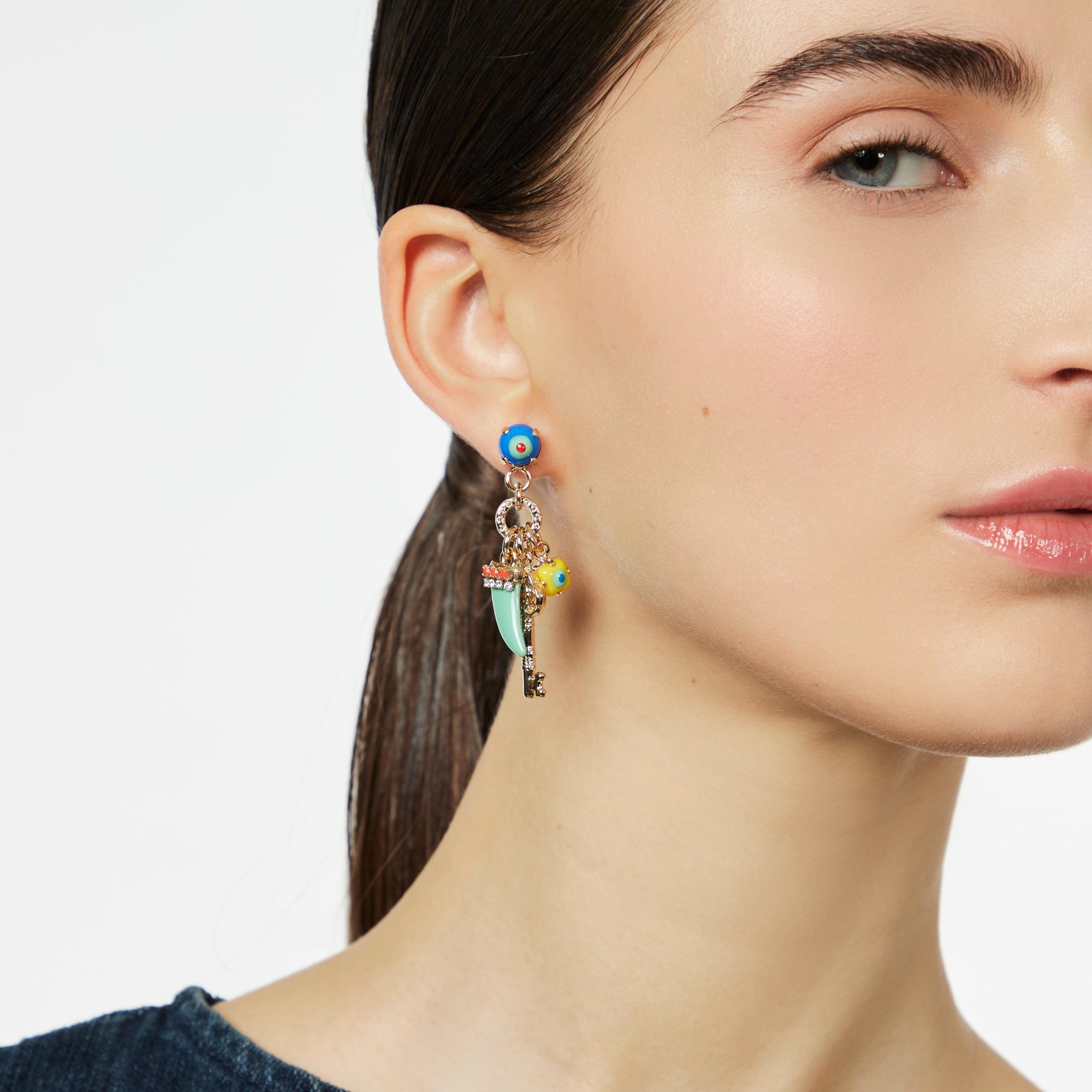 Earrings with cabochon, key and lucky horn Partenope - Turquoise - Sodini Bijoux