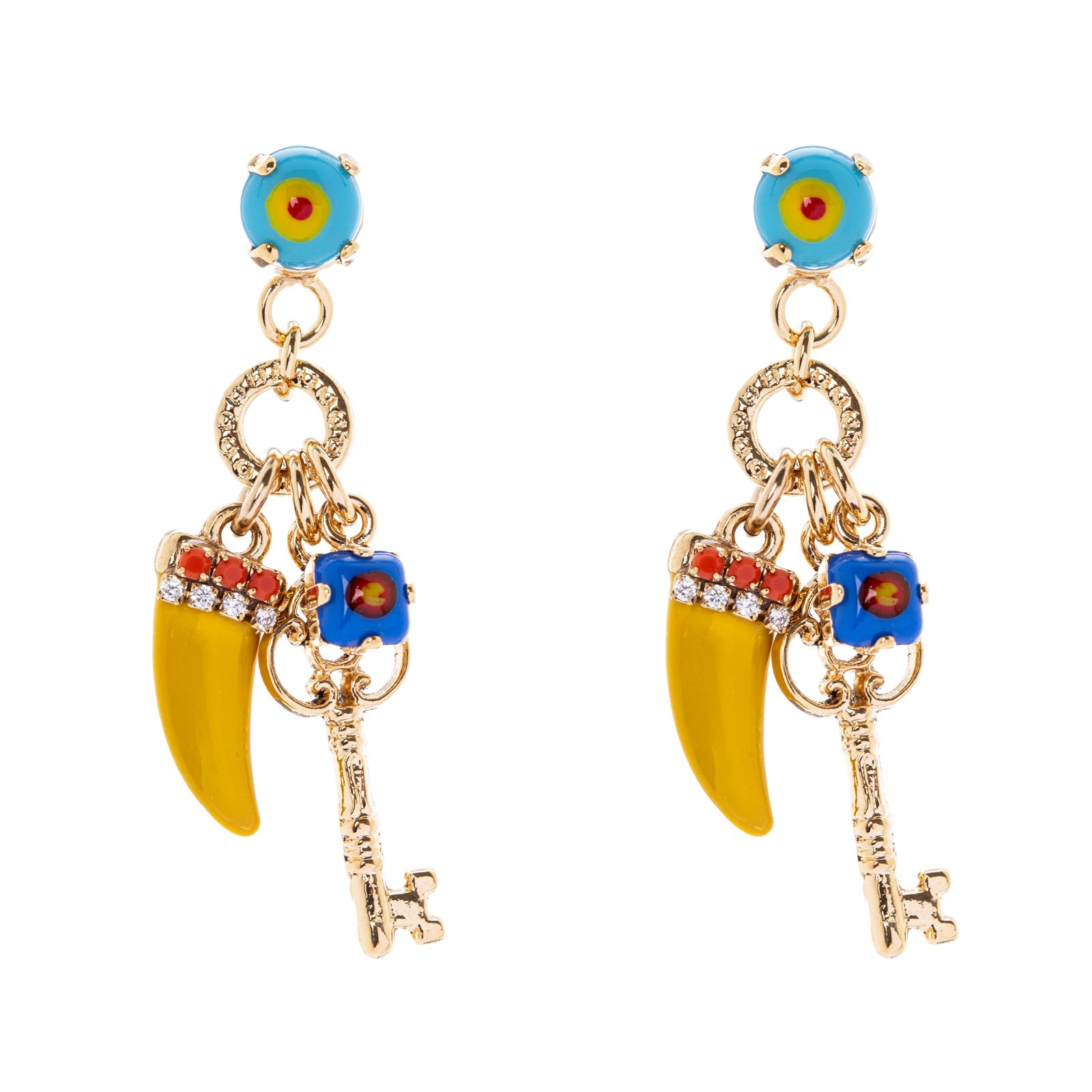 Earrings with cabochon, key and lucky horn Partenope - Yellow - Sodini Bijoux