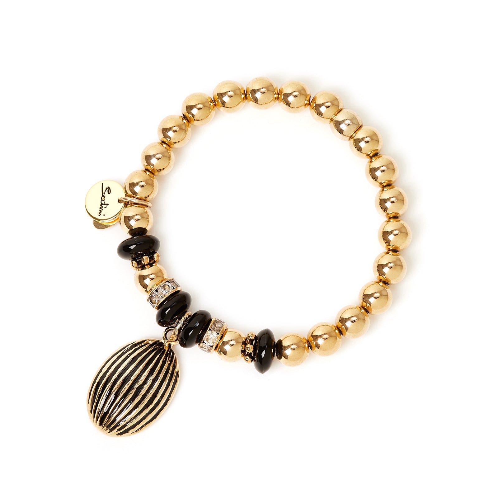 Boules and oval pendant elastic bracelet Malena - Black - Sodini Bijoux