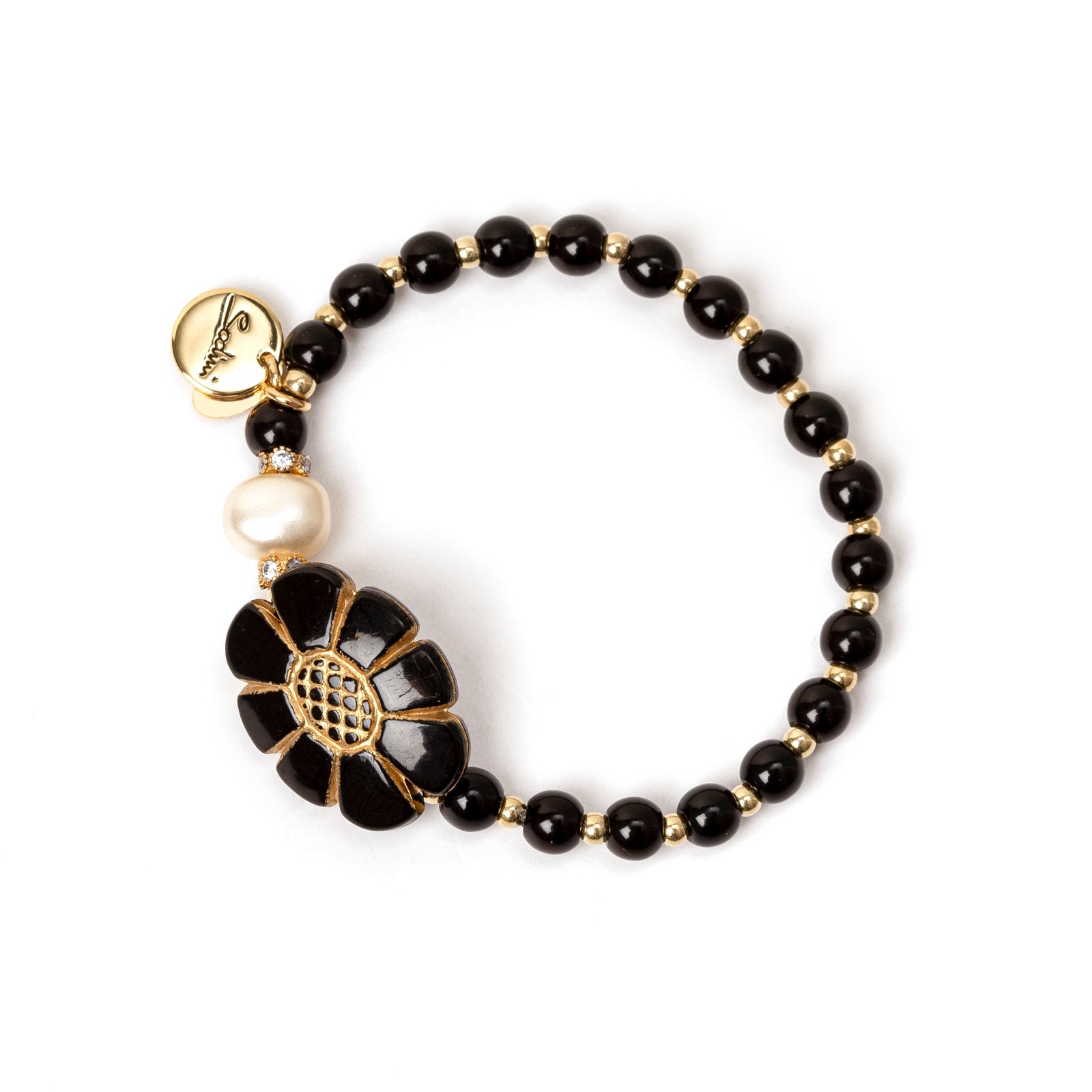 Bracciale elastico sfere e fiore Amytis - Bianco e nero - Sodini Bijoux
