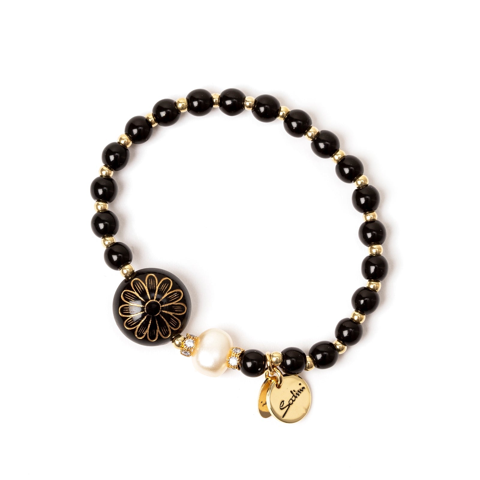 Bracciale elastico sfere e bonbon a fiore Amytis - Bianco e nero - Sodini Bijoux