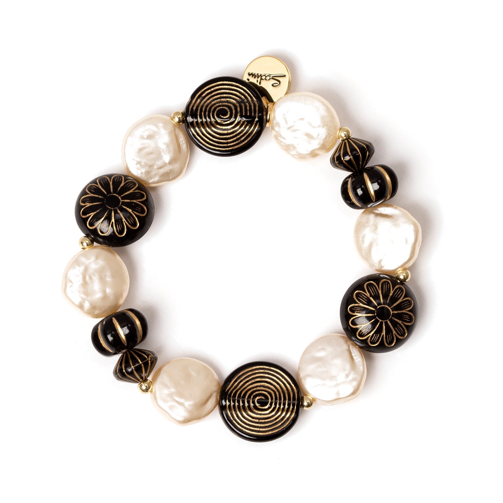 Bracciale elastico perle, dischetti e bonbon Amytis - Bianco e nero - Sodini Bijoux