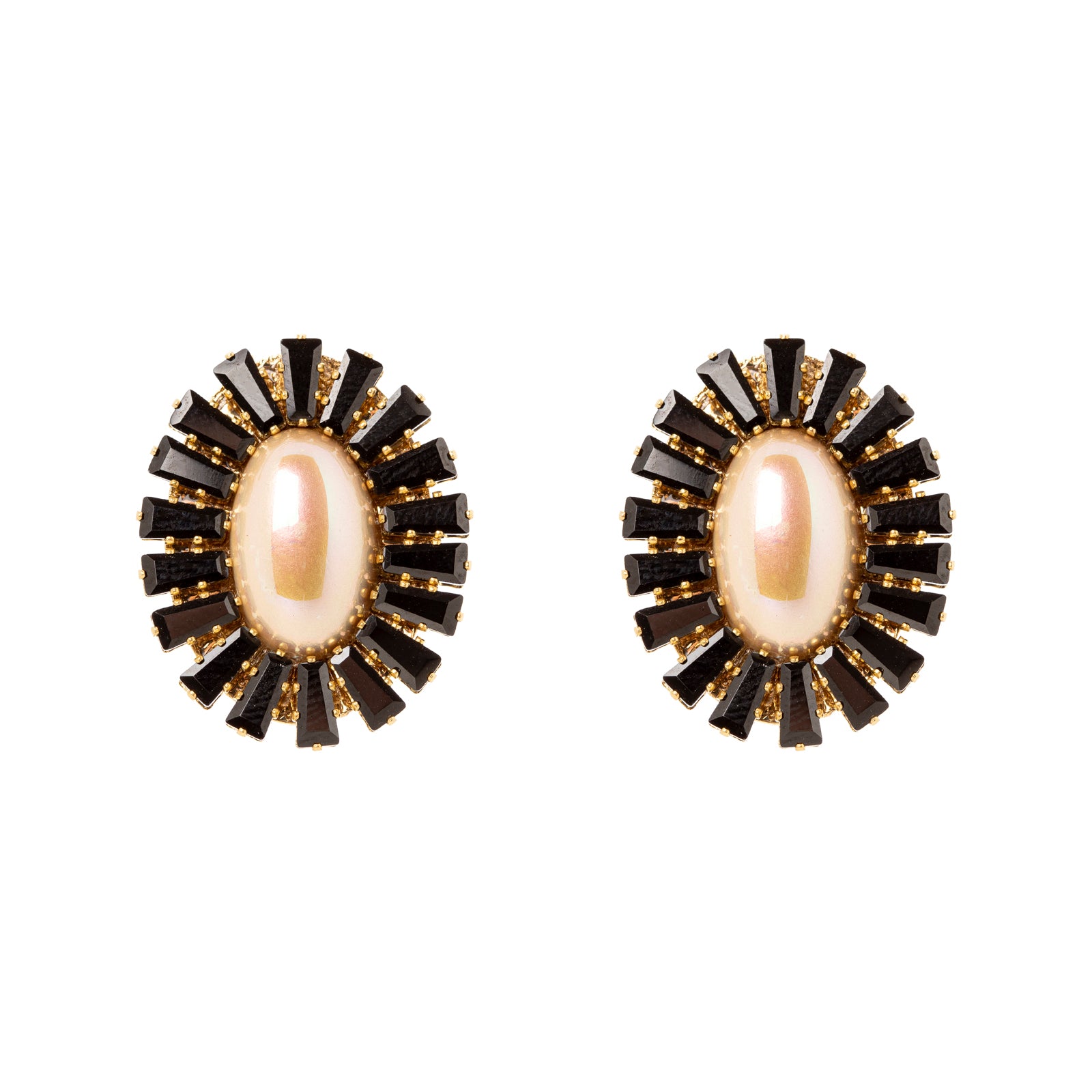 Oval flower stud earrings Amytis - White and black - Sodini Bijoux