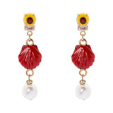 Earrings with mini cabochon, shell and pearl Partenope - Red - Sodini Bijoux