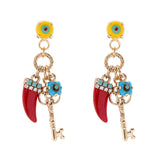 Earrings with cabochon, key and lucky horn Partenope - Red - Sodini Bijoux