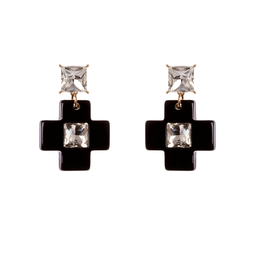 Orecchini con elemento geometrico e croce Latina - Nero - Sodini Bijoux