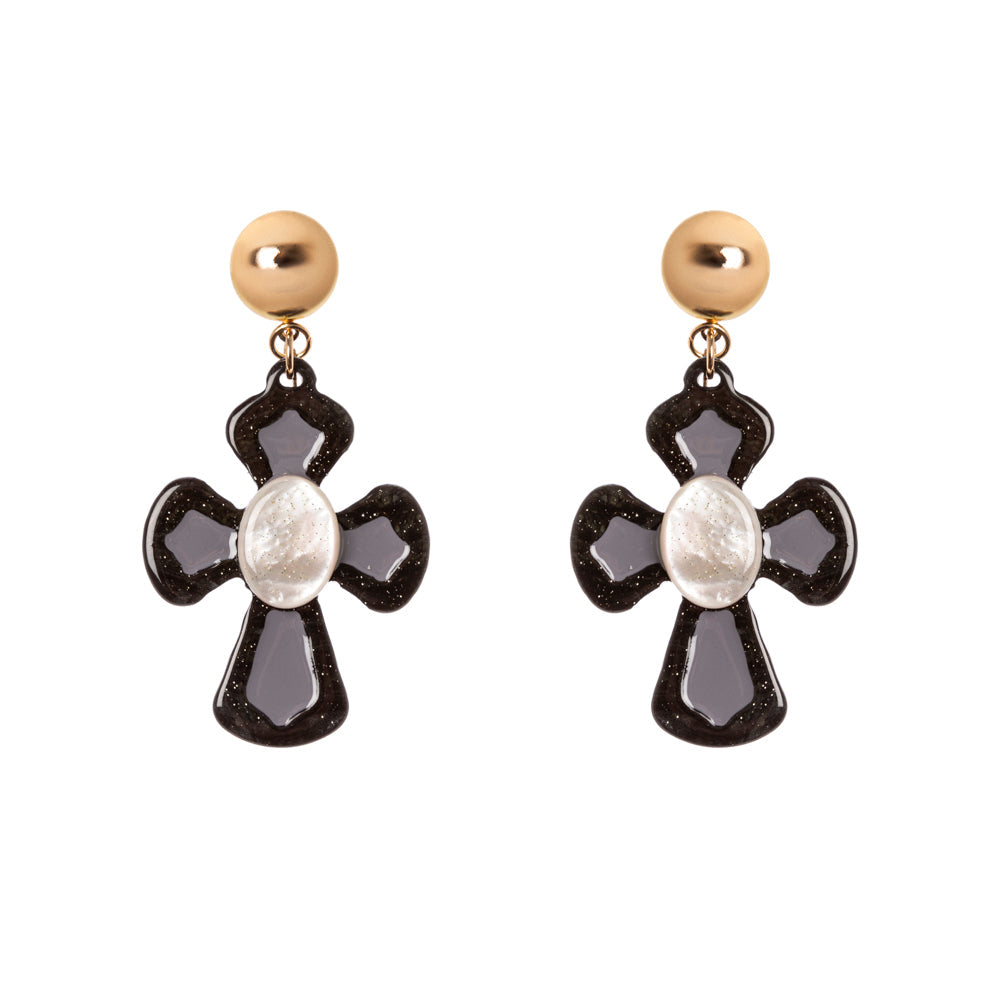 Orecchini con calottina e croce Latina - Nero e oro - Sodini Bijoux