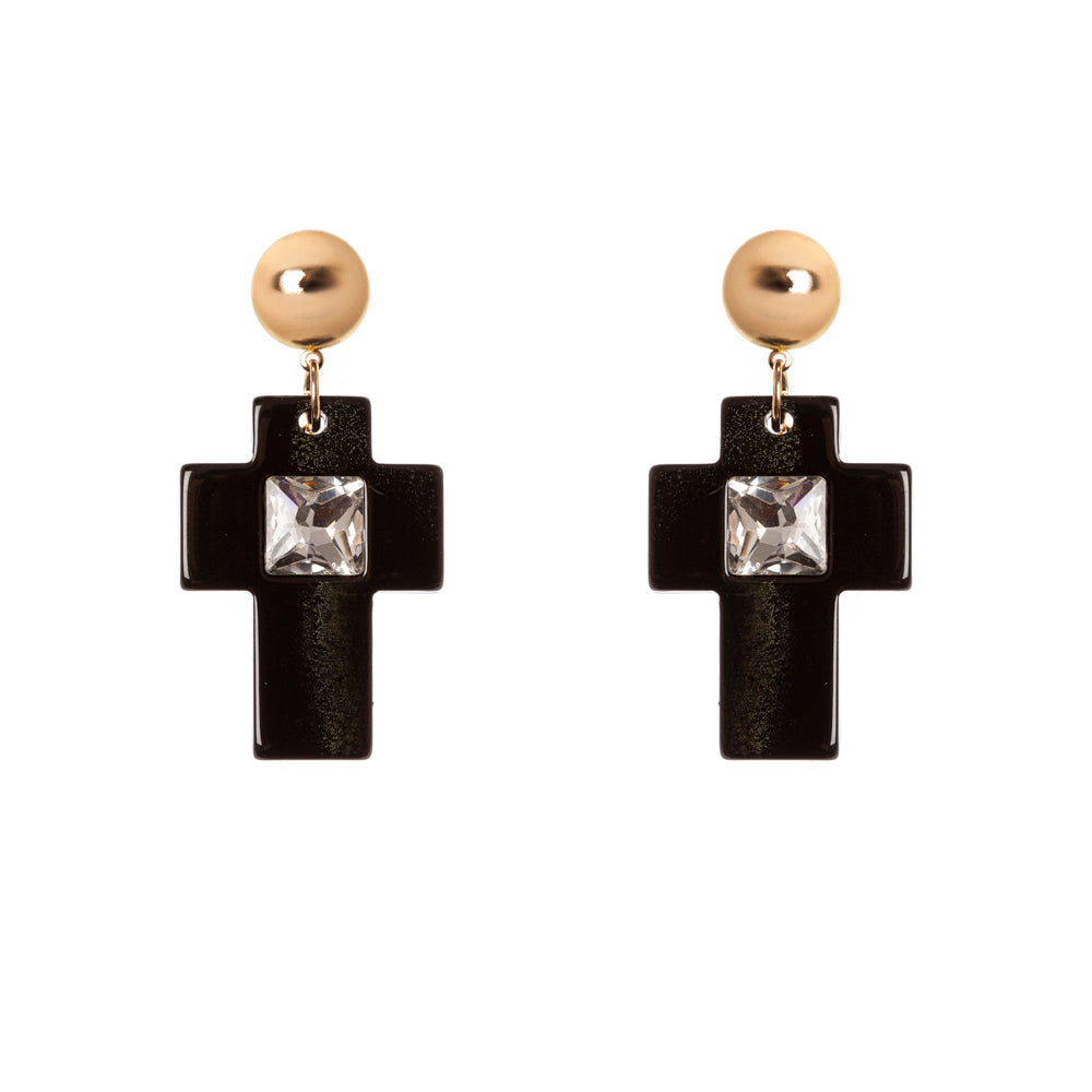 Orecchini con calottina, croce e cristallo Latina - Nero e oro - Sodini Bijoux