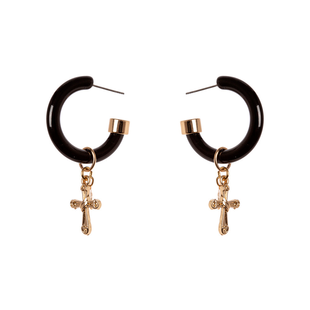 Orecchini cerchio e croce Latina - Nero e oro - Sodini Bijoux