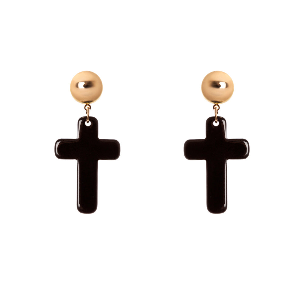 Orecchini con calottina e croce lucida Latina - Nero e oro - Sodini Bijoux