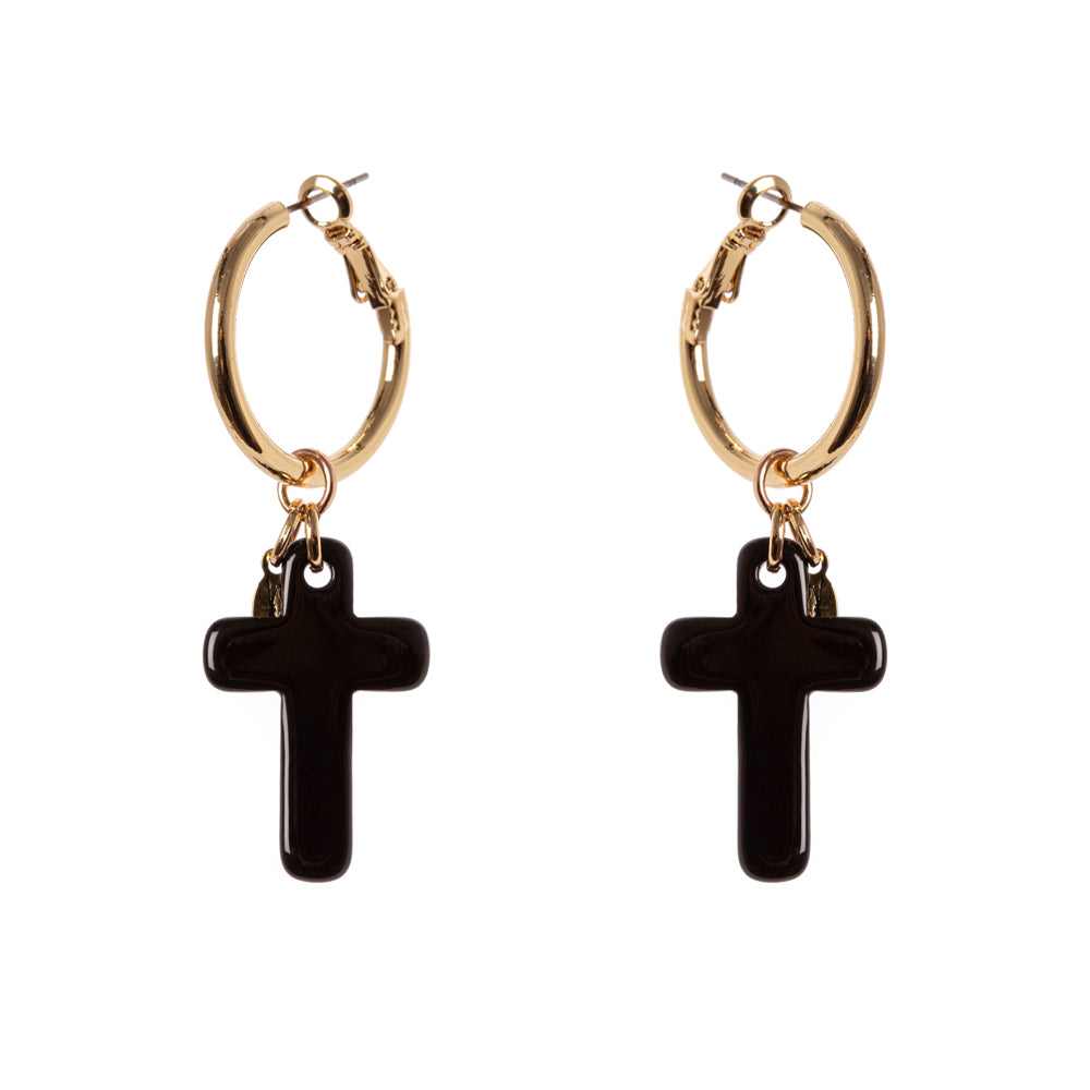Orecchini cerchio aureo e croce Latina - Nero - Sodini Bijoux