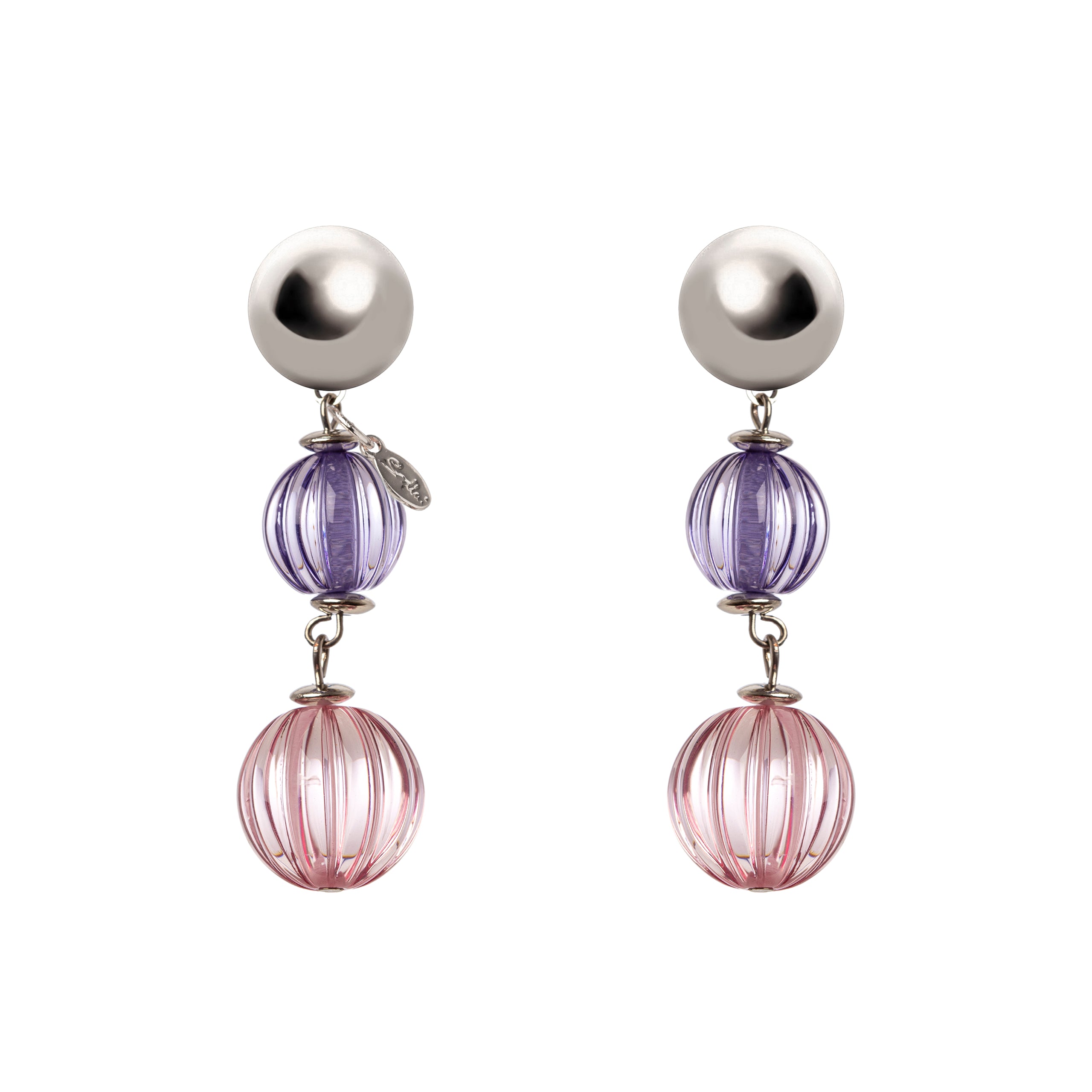 Earrings with bonbon and two boules Plissè - Pink - Sodini Bijoux